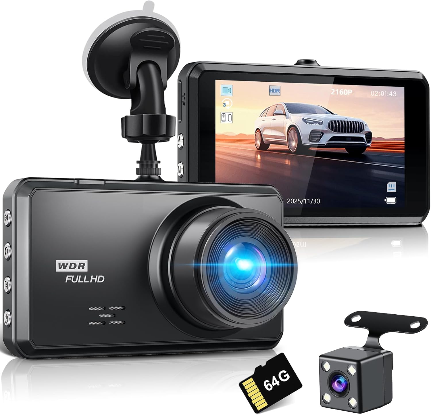 Miden 2-Channel Dash Cam with 64GB SD Card – Features WDR Full HD Front Camera, Rear View Camera, Suction Mount, and Advanced Night Vision for Safe Driving 