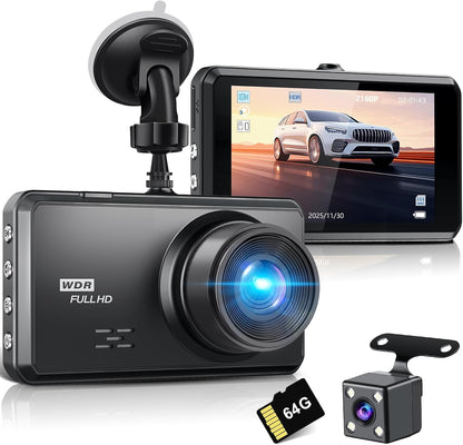 Miden 2-Channel Dash Cam with 64GB SD Card – Features WDR Full HD Front Camera, Rear View Camera, Suction Mount, and Advanced Night Vision for Safe Driving 