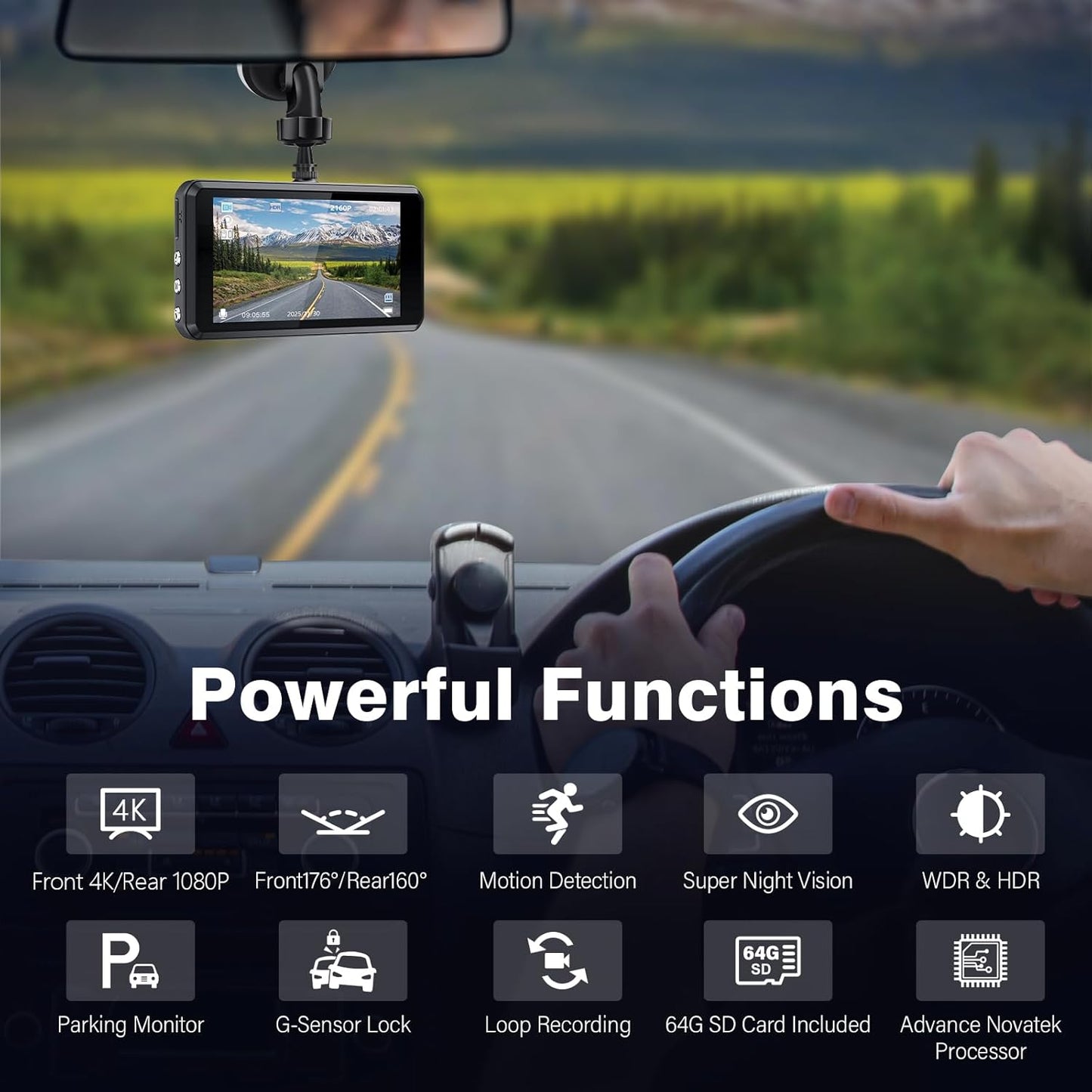 Miden Dash Cam Installed in Car – Displays Powerful Functions: 4K Front + 1080P Rear, G-Sensor Lock, Parking Monitor, Motion Detection, and 64GB SD Card Included for Complete Road Protection
