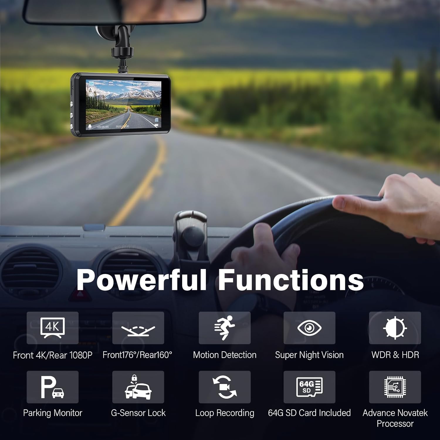 Miden Dash Cam Installed in Car – Displays Powerful Functions: 4K Front + 1080P Rear, G-Sensor Lock, Parking Monitor, Motion Detection, and 64GB SD Card Included for Complete Road Protection