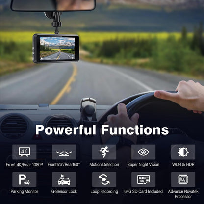 Miden Dash Cam Installed in Car – Displays Powerful Functions: 4K Front + 1080P Rear, G-Sensor Lock, Parking Monitor, Motion Detection, and 64GB SD Card Included for Complete Road Protection