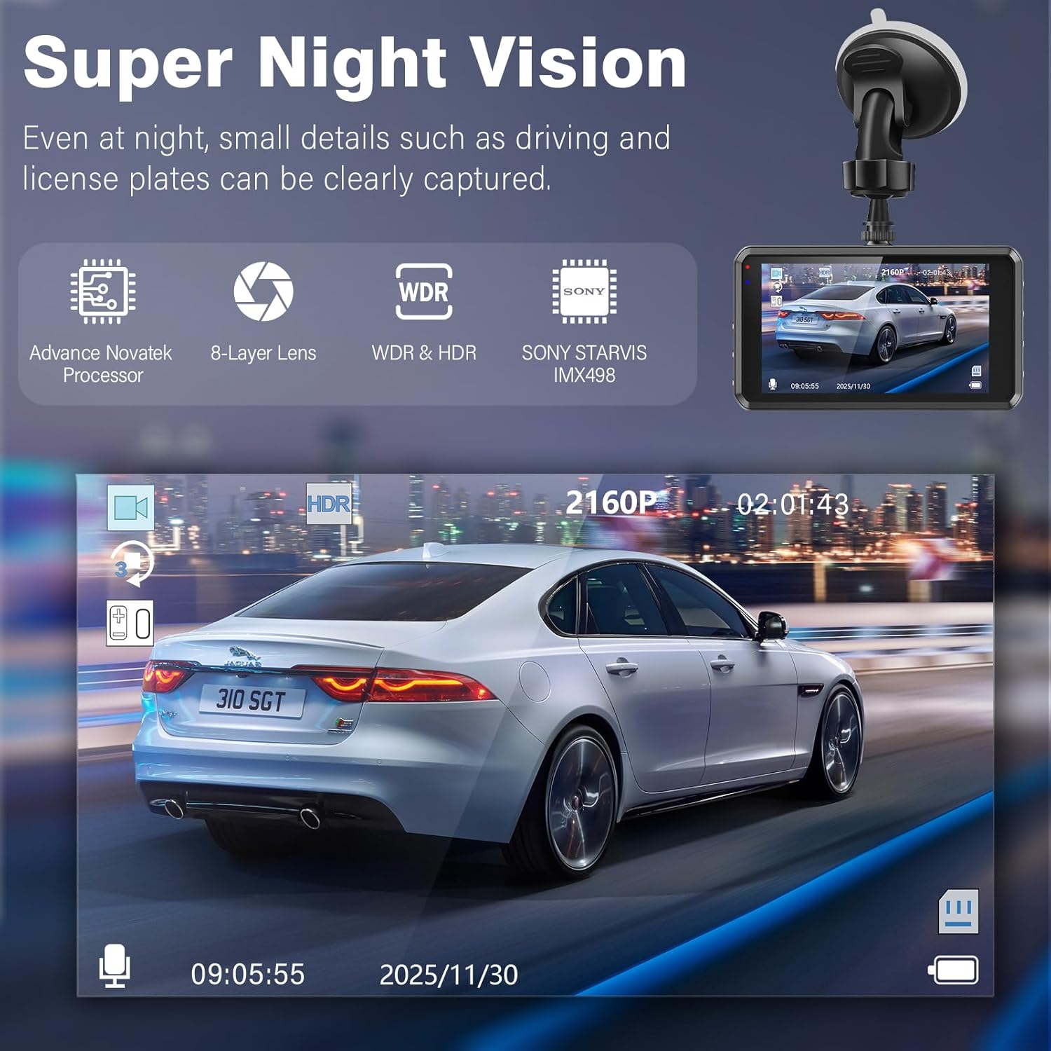 Miden Super Night Vision Dash Cam – Captures Clear License Plates at Night with Sony STARVIS IMX498 Sensor, WDR & HDR, 2160P Resolution for Ultimate Road Clarity 