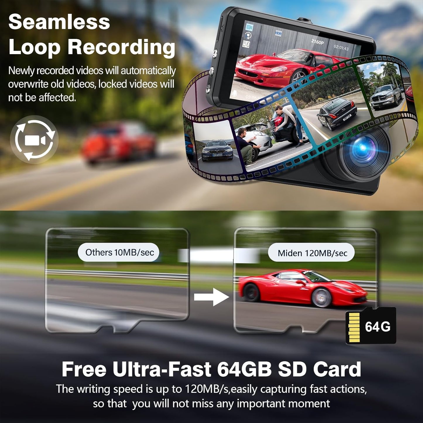 Miden Dash Cam with Seamless Loop Recording & Free 64GB Ultra-Fast SD Card – Records Continuously at 120MB/s, Automatically Overwrites Old Files While Protecting Locked Videos for Critical Evidence 