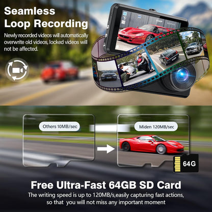 Miden Dash Cam with Seamless Loop Recording & Free 64GB Ultra-Fast SD Card – Records Continuously at 120MB/s, Automatically Overwrites Old Files While Protecting Locked Videos for Critical Evidence 