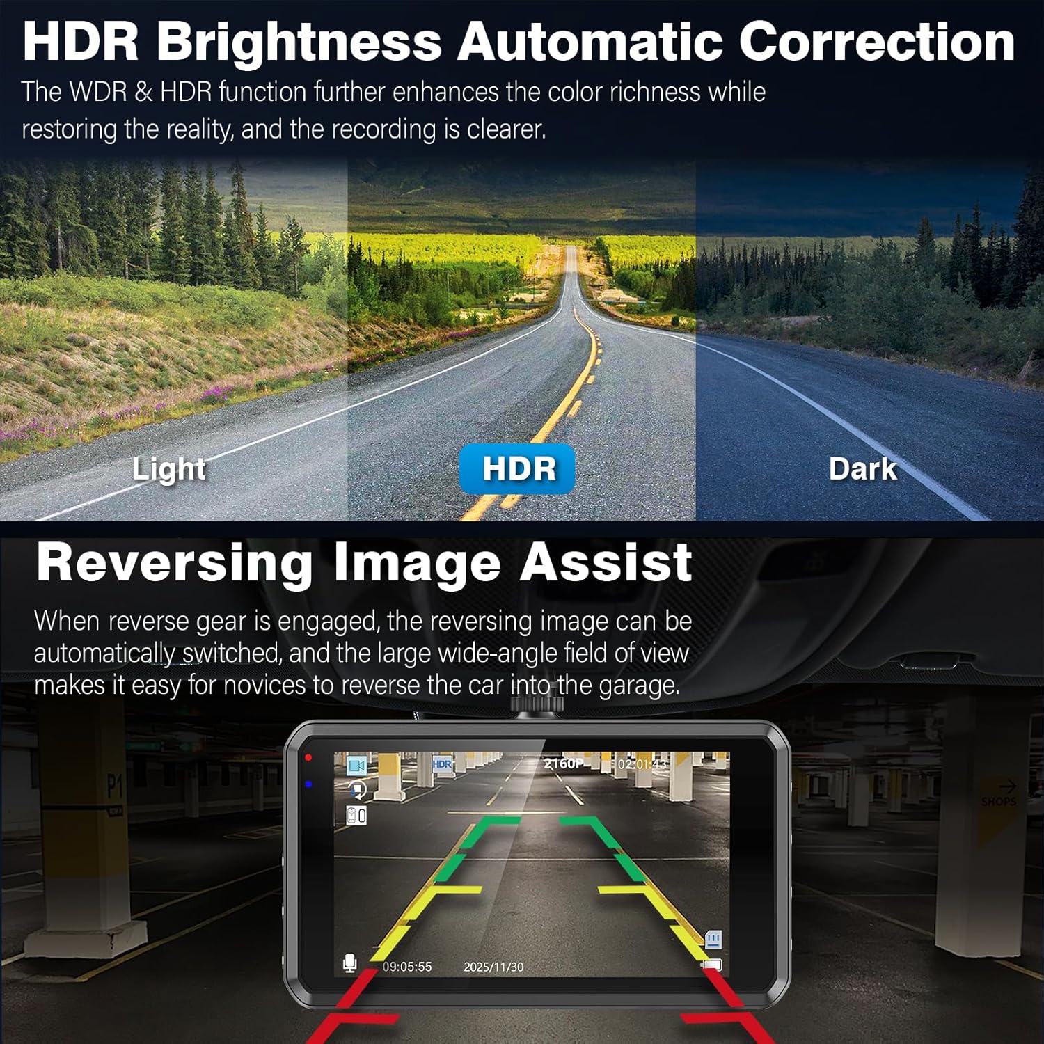 Miden HDR Brightness Correction & Reversing Image Assist – Automatically Adjusts Light for Clear Day/Night Recording, With Lane Guidance for Safer Parking and Backing Up 