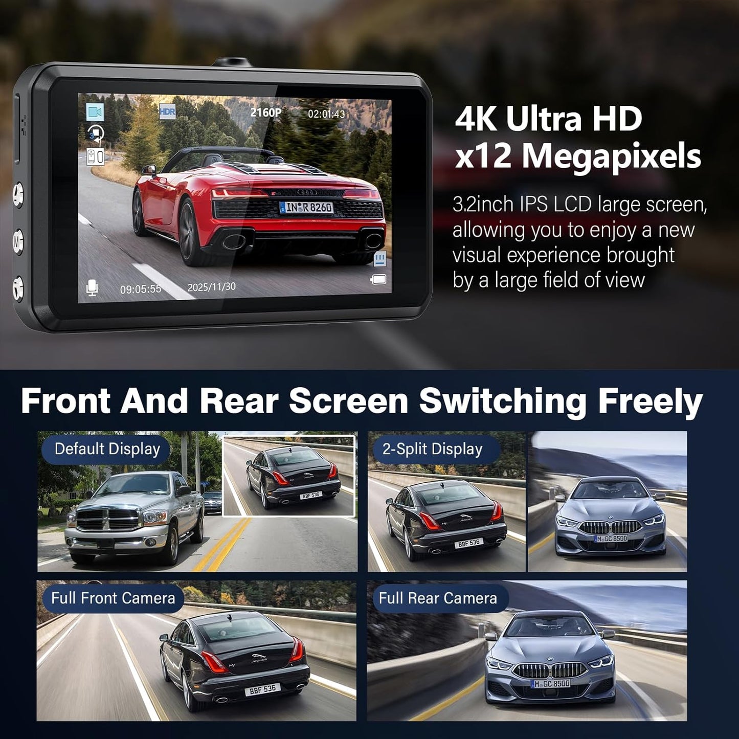 Miden 4K Ultra HD Dash Cam – 3.2-inch IPS LCD Screen with 12 Megapixels, Displays Front & Rear Views Freely in Split or Full Screen Mode for Enhanced Driving Awareness 
