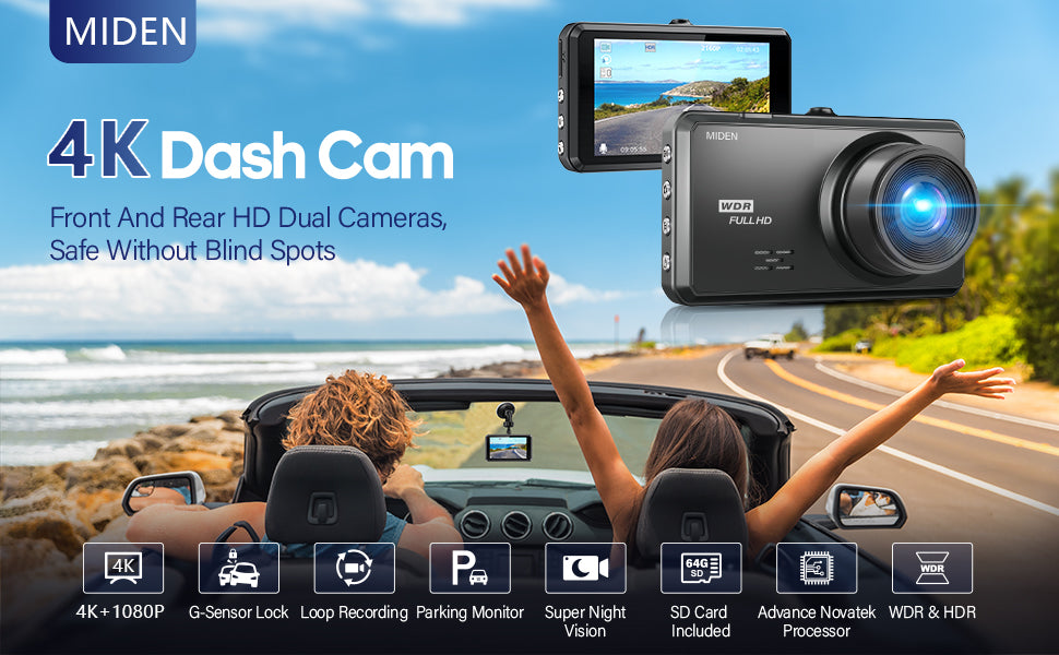 Miden 4K Dash Cam – Front & Rear HD Dual Cameras Eliminate Blind Spots with G-Sensor Lock, Parking Monitor, Super Night Vision, 64GB SD Card Included, and Advanced Novatek Processor for Safe, Worry-Free Driving Adventures