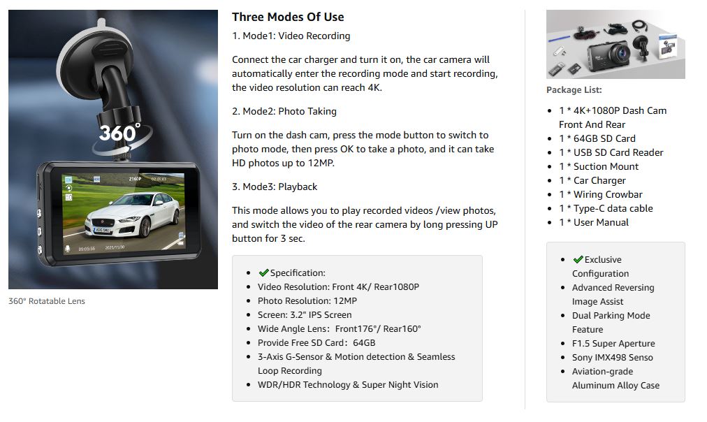 Miden S7 Dash Cam with 360° Rotatable Lens & Three Modes – Video Recording (Up to 4K), Photo Taking (12MP), Playback – Includes 64GB SD Card, Suction Mount, Car Charger & Type-C Cable for Easy Setup 