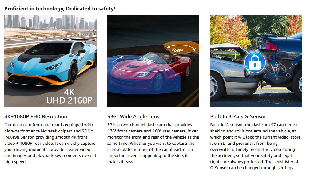 Miden S7 4K+1080P Dual Channel Dash Cam – Features Novatek Chipset, Sony IMX498 Sensor, 336° Wide Angle Coverage & Built-in 3-Axis G-Sensor for Collision Protection and Clear Evidence Capture 