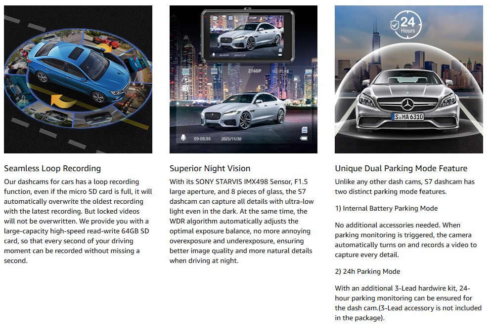 Miden S7 Dash Cam with Seamless Loop Recording, Superior Night Vision & Unique Dual Parking Mode – Captures Every Second with 64GB SD Card, Sony IMX498 Sensor, and 24-Hour Protection Even When Parked