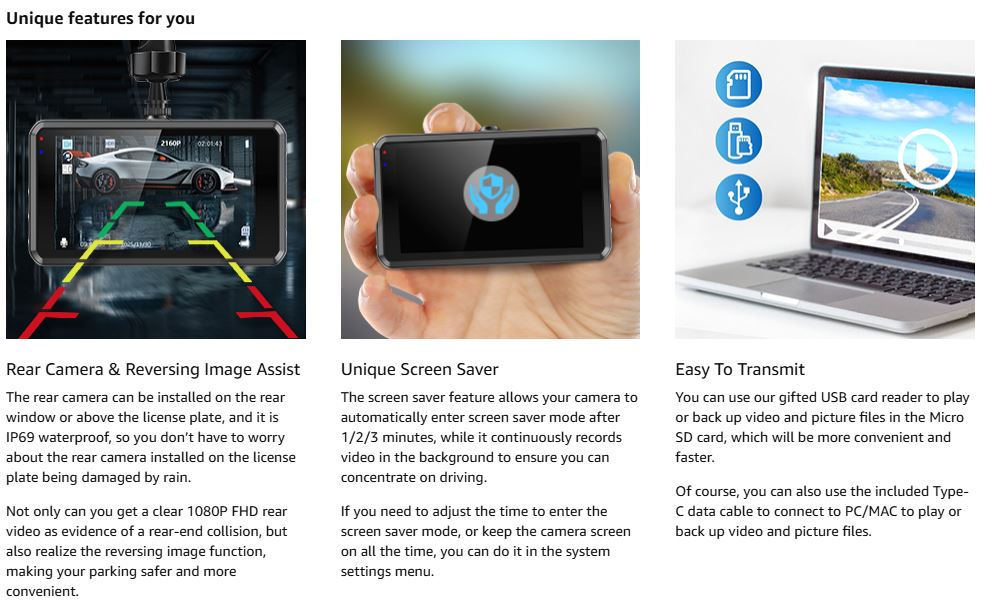 Miden S7 Rear Camera & Reversing Image Assist – IP69 Waterproof, 1080P HD Video, Plus Screen Saver Mode & Easy USB/Type-C Data Transfer for Safe Parking, Clear Evidence, and Convenient File Management