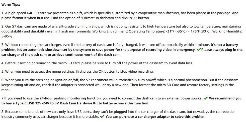 Miden S7 Dash Cam Warm Tips – Aircraft-Grade Aluminum Housing, -35°C to 80°C Operating Range, Auto Shutdown Without Charger, and 24-Hour Parking Kit Compatibility for Reliable Performance in All Conditions