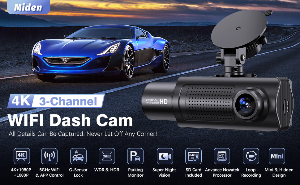 Miden X5 4K WiFi Dash Cam – Captures all details with its 3-channel recording system, featuring 4K+1080P resolution, G-Sensor lock, WDR & HDR technology, parking monitor, super night vision, SD card included, and loop recording capabilities.
