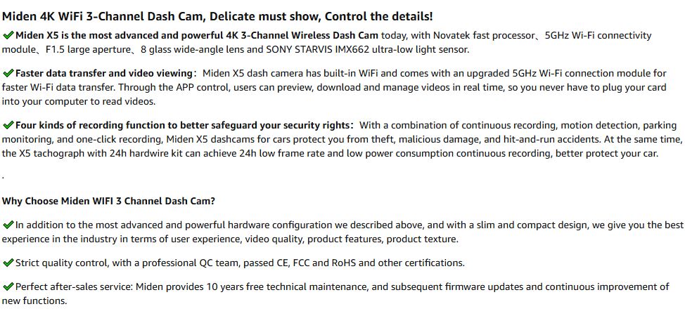 Miden X5 4K WiFi 3-Channel Dash Cam – The most advanced and powerful dash cam with Novatek fast processor, 5GHz Wi-Fi connectivity, F1.5 aperture, Sony STARVIS IMX662 sensor, and multiple recording modes to safeguard your security rights. Offers faster data transfer, continuous recording, motion detection, and parking monitoring.