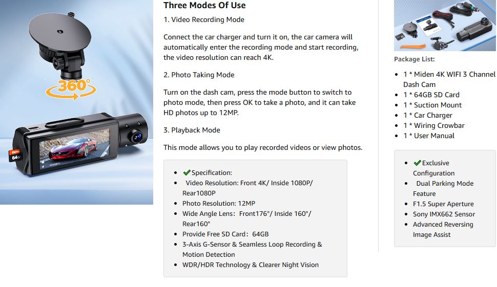 Miden X5 Dash Cam – Three Modes of Use: Video Recording Mode (up to 4K resolution), Photo Taking Mode (up to 12MP), and Playback Mode. Includes a 64GB SD card, suction mount, car charger, wiring crowbar, and user manual. Features dual parking mode, F1.5 super aperture, Sony IMX662 sensor, and advanced reversing image assist.