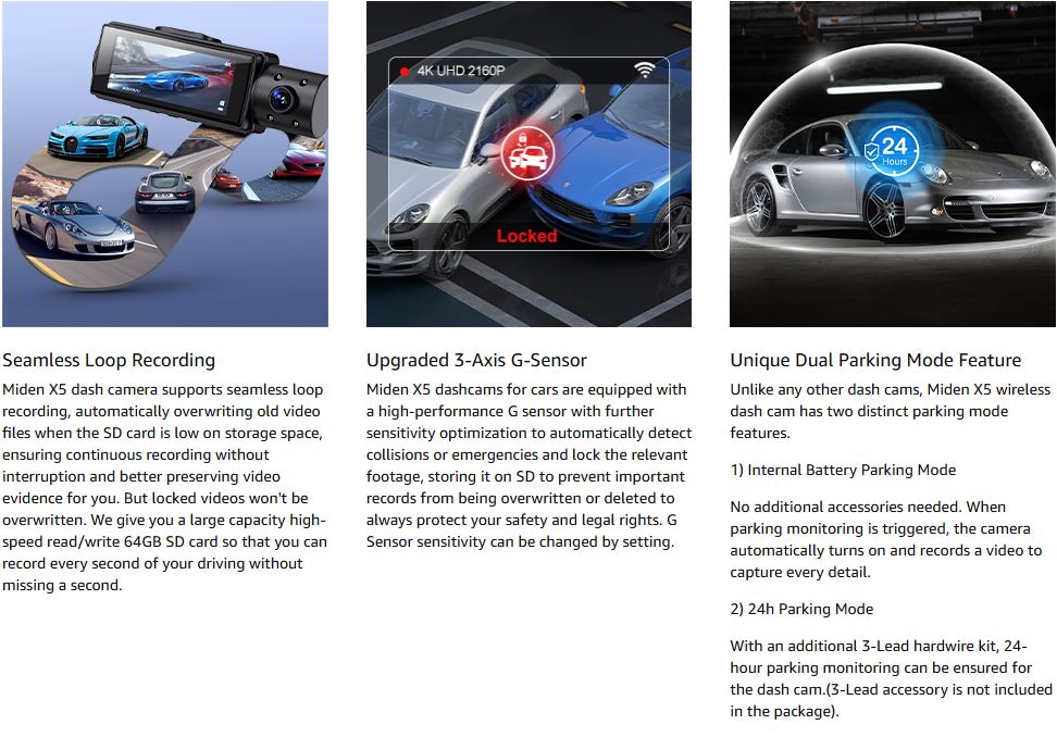 Miden X5 Dash Cam – Seamless Loop Recording with Upgraded 3-Axis G-Sensor and Unique Dual Parking Mode. Ensures continuous recording without interruption, automatically detects collisions, and offers both internal battery parking mode and 24-hour parking monitoring.