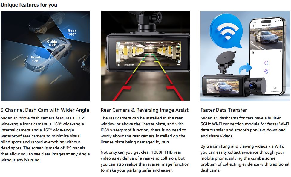 Miden X5 Dash Cam – 3-Channel Dash Camera with Wider Angle Coverage, Rear Camera & Reversing Image Assist, and Faster Data Transfer via 5GHz WiFi. Features a 176° front camera, 160° internal cabin camera, and 160° rear camera to eliminate blind spots, with IP69 waterproof functionality and easy mobile app control.