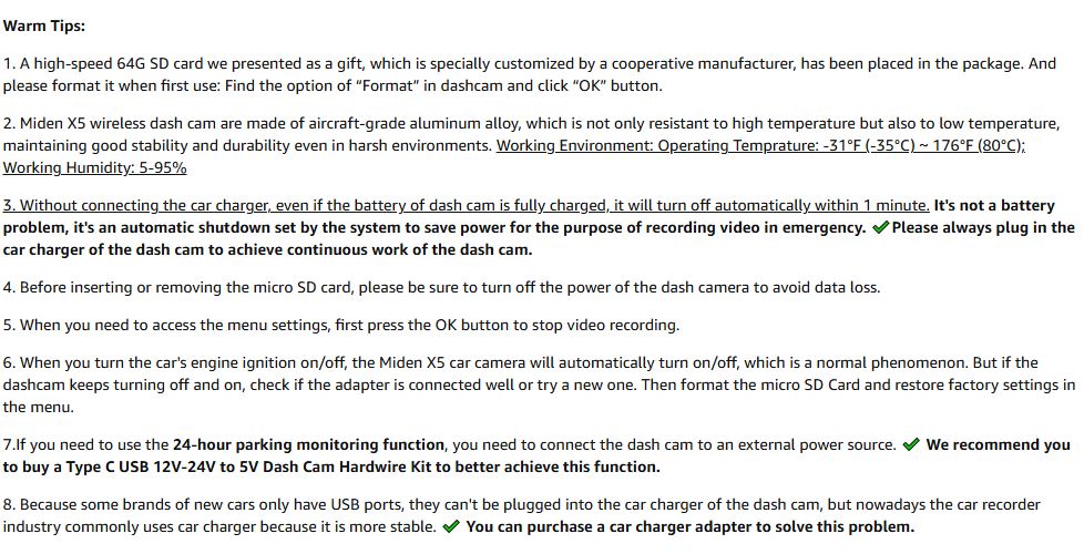 Miden X5 Dash Cam – Warm Tips for Optimal Use. Includes instructions on formatting the SD card, using the car charger, handling parking modes, and troubleshooting common issues. Made of aircraft-grade aluminum alloy for durability and stability in harsh environments.