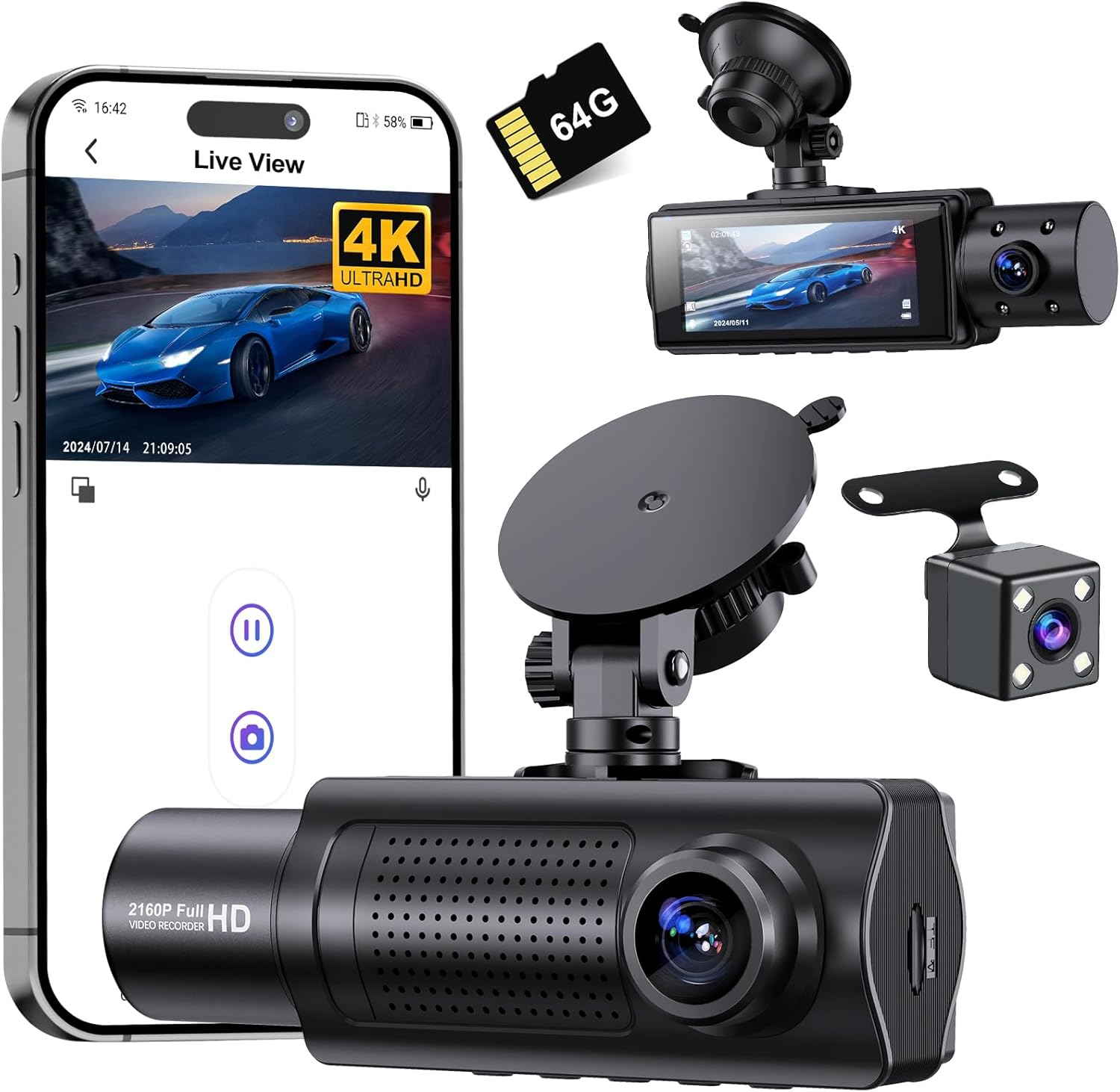 Miden X5 4K Dash Cam with Dual Channel Front and Rear Cameras – Featuring live view on a smartphone, 64GB microSD card compatibility, and advanced night vision capabilities.