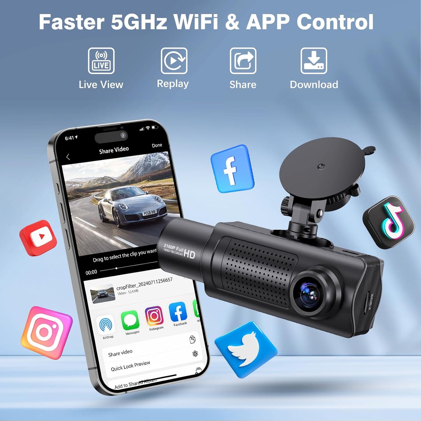 Miden X5 Dash Cam with Faster 5GHz WiFi and App Control – Offers seamless connectivity, live view, replay, sharing, and downloading features via popular social media platforms like Facebook, Instagram, Twitter, and YouTube.