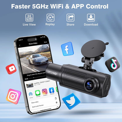 Miden X5 Dash Cam with Faster 5GHz WiFi and App Control – Offers seamless connectivity, live view, replay, sharing, and downloading features via popular social media platforms like Facebook, Instagram, Twitter, and YouTube.