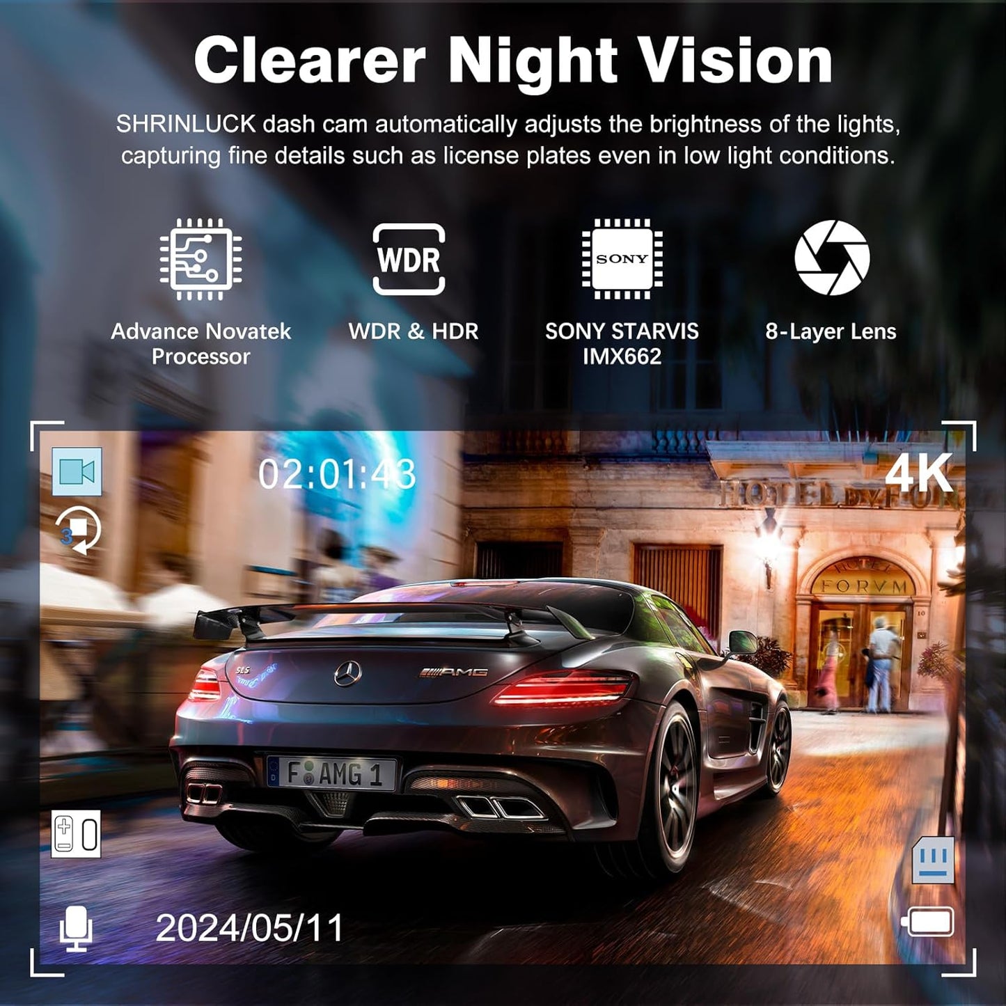 Miden X5 Dash Cam with Clearer Night Vision – Powered by Sony STARVIS IMX662 sensor, WDR & HDR technology, and an 8-layer lens, ensuring sharp footage even in low-light conditions.