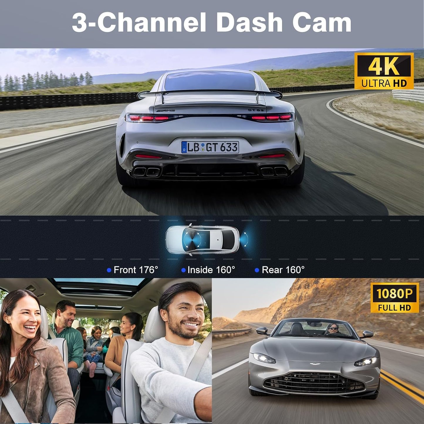 Miden X5 3-Channel Dash Cam – Captures high-quality 4K Ultra HD video from the front (176°), inside (160°), and rear (160°) channels, providing comprehensive coverage for safer driving.