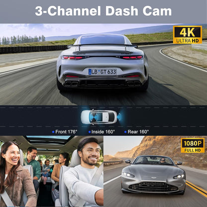 Miden X5 3-Channel Dash Cam – Captures high-quality 4K Ultra HD video from the front (176°), inside (160°), and rear (160°) channels, providing comprehensive coverage for safer driving.