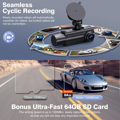 Miden X5 Dash Cam with Seamless Cyclic Recording – Features automatic video overwrite while protecting locked files, paired with a bonus ultra-fast 64GB SD card for high-speed recording up to 100MB/sec.