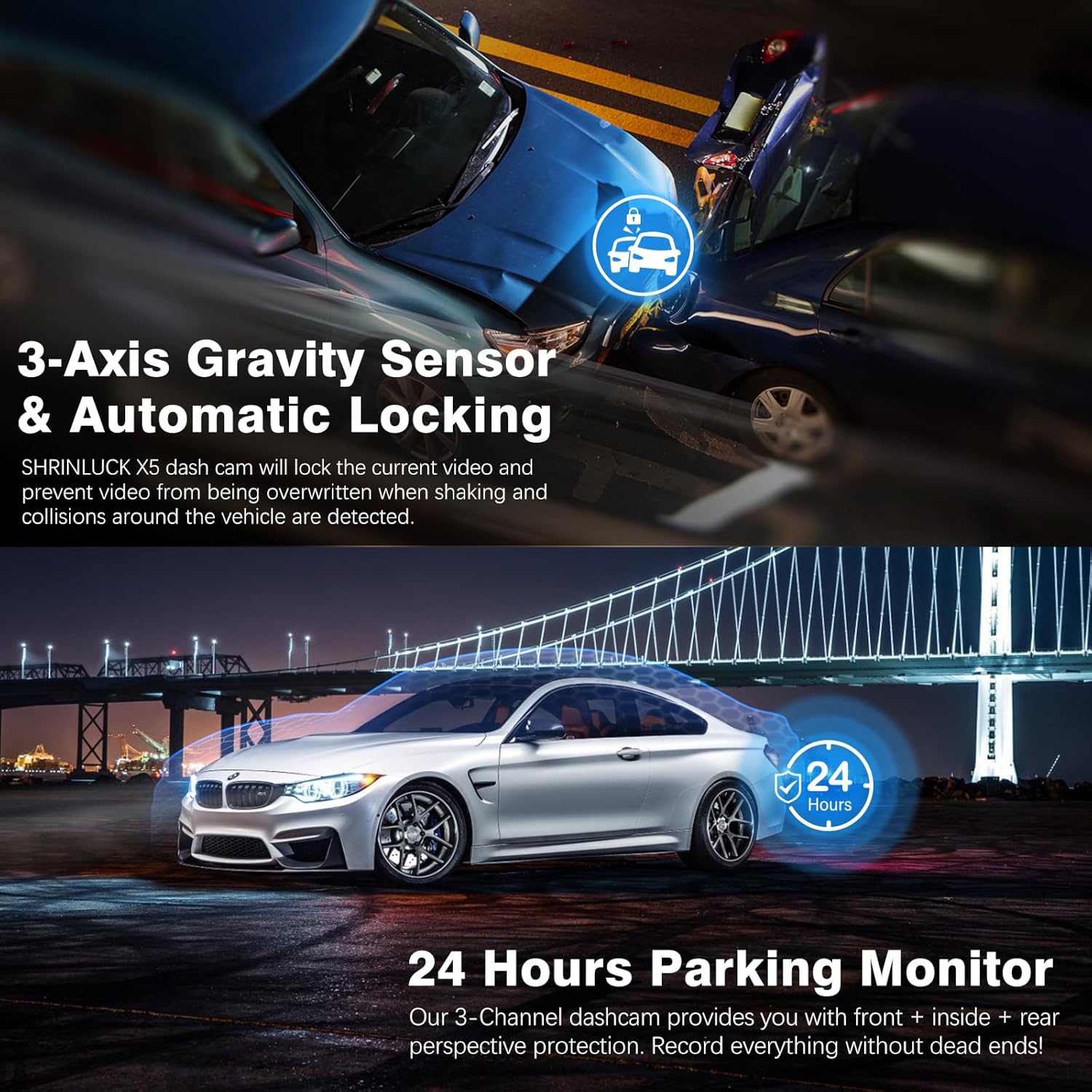 Miden X5 Dash Cam with 3-Axis Gravity Sensor and Automatic Locking – Ensures critical footage is preserved during collisions or impacts, complemented by a 24-hour parking monitor for continuous front, inside, and rear protection.