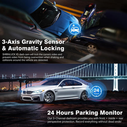 Miden X5 Dash Cam with 3-Axis Gravity Sensor and Automatic Locking – Ensures critical footage is preserved during collisions or impacts, complemented by a 24-hour parking monitor for continuous front, inside, and rear protection.
