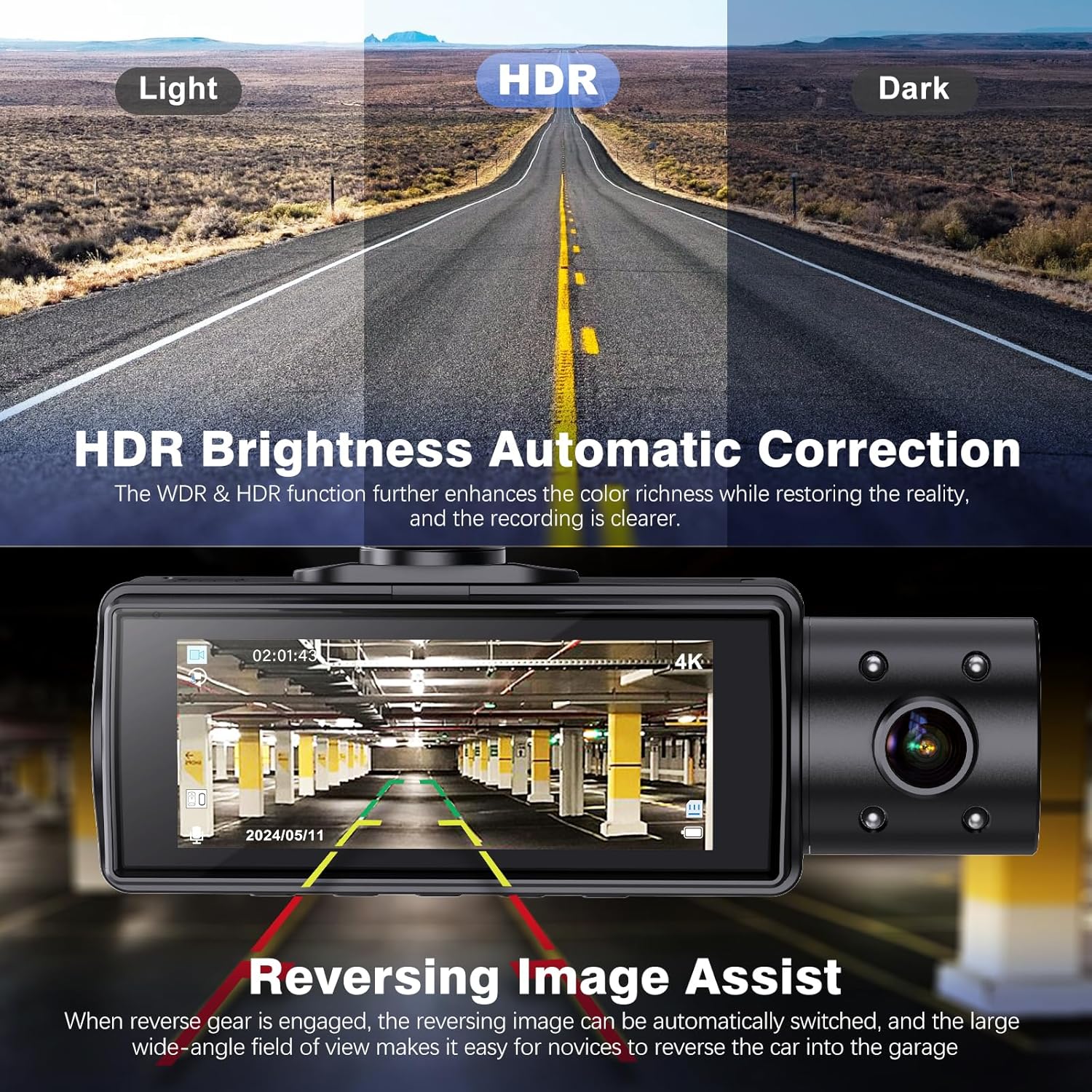 Miden X5 Dash Cam with HDR Brightness Automatic Correction – Enhances color richness and clarity in both light and dark conditions, featuring reversing image assist for easy garage parking.